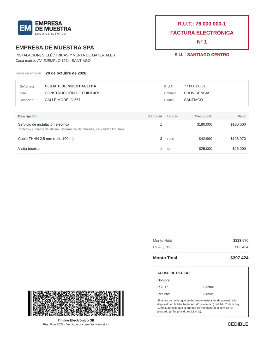 Factura electrónica de muestra generada por Pro DTE, copia cedible: logo, recuadro rojo con RUT, tipo y folio, unidad del SII, timbre electrónico y acuse de recibo.
